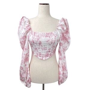 Cider Floral Crop Ribbed Long Puff Sleeve. Pink White. Size XS. #669